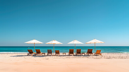 Fototapeta premium Idyllic beach scene with lounge chairs and umbrellas facing turquoise ocean and clear blue sky, perfect for summer vacation and relaxation