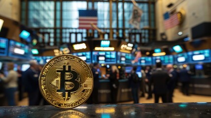Bitcoin Coin on Trading Floor Background