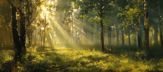 Fototapeta premium Sunlight streaming through trees, Panoramic Sunny Forest