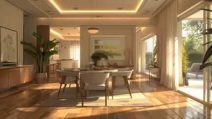 Fototapeta premium A stylish dining room featuring a large wooden table, modern chairs, and ambient lighting, perfect for hosting elegant dinners 