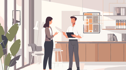Modern home office interior with professionals discussing plans for new home buying, building, and decorating in a stylish, functional workspace setting