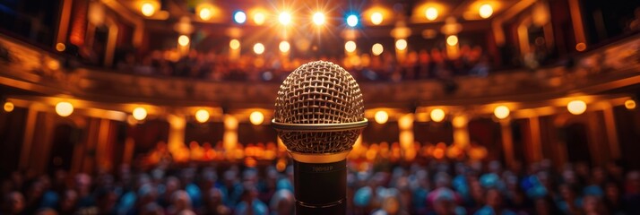 Stage Microphone in a Concert Hall with Audience