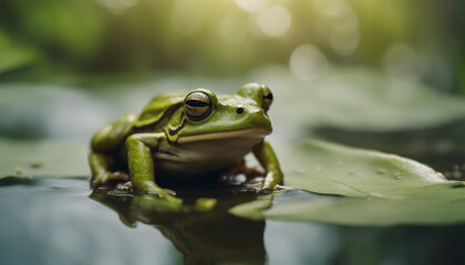 Obraz premium close-up image of an amphibious, olive-colored frog springing off a broad, green leaf 