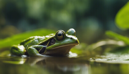Obraz premium close-up image of an amphibious, olive-colored frog springing off a broad, green leaf 
