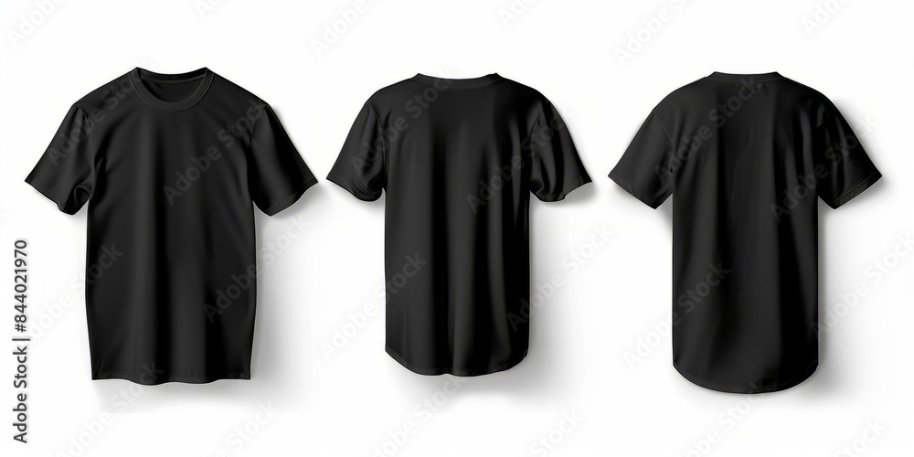 Wall mural Set of black oversized free t-shirts with round neckline on front, back and side on white background. Layout template for graphic design