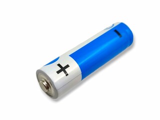 Top view of a blue rechargeable battery, isolated on white background.