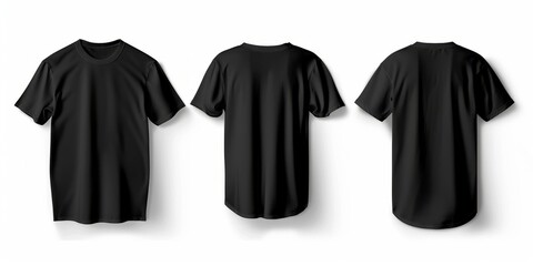 Set of black oversized free t-shirts with round neckline on front, back and side on white background. Layout template for graphic design