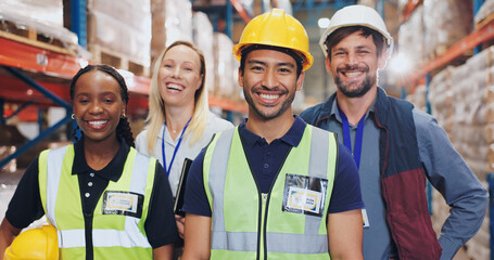 People, warehouse and smile on portrait for teamwork, collaboration and supply chain. Employee,...