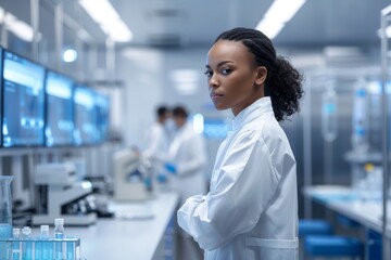 Fototapeta premium African-American Female Scientist in Modern Laboratory with Team Analyzing Research Data