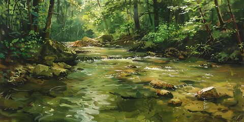 A freshwater creek in the Rocky Mountains, flowing gently through a lush green forest.