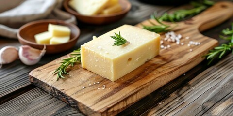 A piece of cheese is placed on a rectangular wooden cutting board, ready to be used as an ingredient in a delicious dish