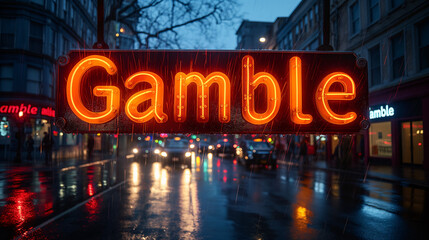 A neon sign, glowing bright red, hangs over a wet city street at night, inviting passersby to gamble