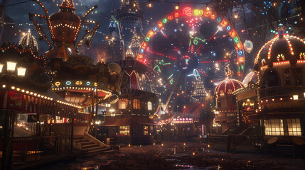steampunk fairground at night, mechanical rides, warm lights, festive scene