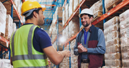 Logistics, men and inspection of warehouse distribution safety, quality control or manufacturing...