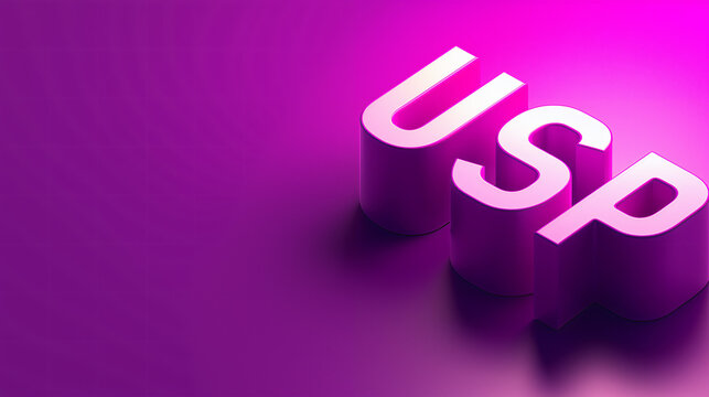 A close-up shot of the acronym USP rendered in 3D, with a vibrant purple gradient background