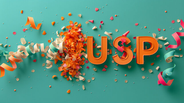 The word USP made from bright orange paper and surrounded by colorful confetti and streamers on a teal background