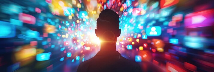 Fototapeta premium Man Facing a Blazing Digital Display of Social Media Icons