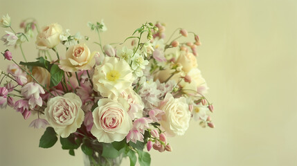 beautiful bouquet of cream roses and pink aquilegias sits in a vase on top of an empty table