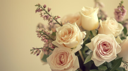 Obraz premium beautiful bouquet of cream roses and pink aquilegias sits in a vase on top of an empty table