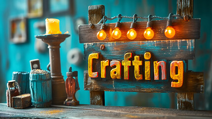 A close-up shot of a miniature workshop setting with a wooden sign proclaiming Crafting adorned with string lights, a lit candle, and a variety of tools and objects