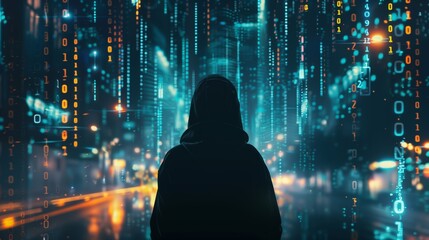 Silhouette of a hacker wearing a black hoodie surrounded by floating binary code and digital data streams