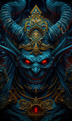 Fototapeta premium demon king with horns, red eyes and dark blue skin, dark fantasy