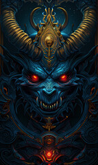 demon king with horns, red eyes and dark blue skin, dark fantasy