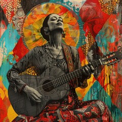 Fototapeta premium Portuguese Guitarist Performing Fado Art Collage