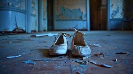 A pair of abandoned ballet shoes in a decrepit room. The shoes are covered in dust and cobwebs, and...