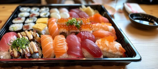 Assorted Sushi Platter with Fresh Nigiri and Rolls, Elegant Presentation on Black Tray

