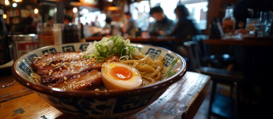 Obraz premium Authentic Japanese Ramen Bowl with Pork, Soft-Boiled Eggs, and Fresh Vegetables in Cozy Restaurant 