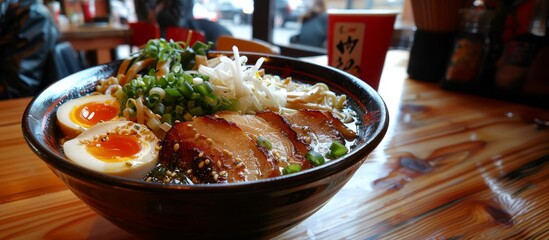 Authentic Japanese Ramen Bowl with Pork, Soft-Boiled Eggs, and Fresh Vegetables in Cozy Restaurant
