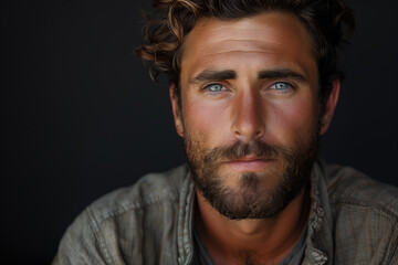 Fototapeta premium Portrait serious brunette man with beard against black background