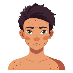 A cartoon depiction of a youthful male displaying acne on his facial skin