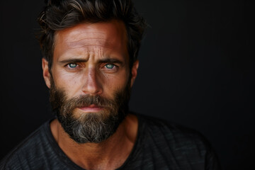 Obraz premium Portrait serious brunette man with beard against black background