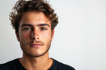 Fototapeta premium young man looking at the camera. Isolated on white background. serious face, wearing a black T-shirt
