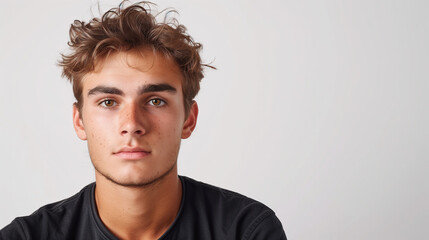 Fototapeta premium young man looking at the camera. Isolated on white background. serious face, wearing a black T-shirt