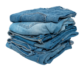 Stack of different jeans on a white background. Denim background texture for design. Canvas denim texture.