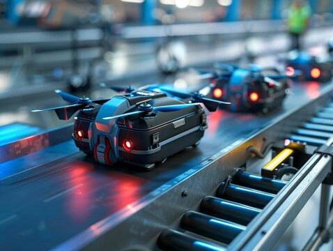 A hightech baggage handling system at an airport, with drones and conveyor belts efficiently sorting and delivering luggage