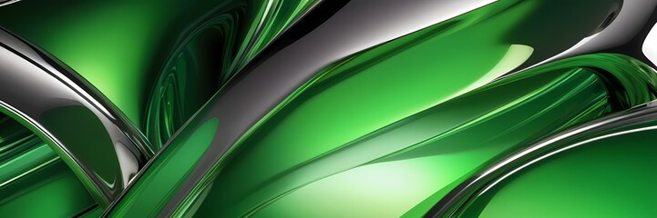 Bright shiny liquid chrome waves background, shiny and lustrous green metal pattern texture, silky 3D render illustration. 