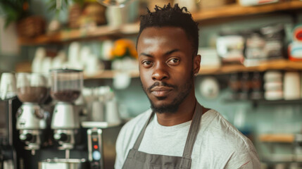 Fototapeta premium Portrait of an African American man in an apron standing behind a bar in a small cafe. A young black man works as a cashier indoors. Business and money concept. Consumerism.