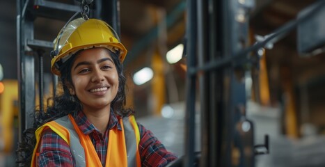 Female Worker Operating Forklift in Industrial Warehouse Smiling - Powered by Adobe