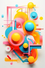 Obraz premium A vibrant abstract design featuring 3D geometric shapes in bold colors including yellow, blue and pink on a white background