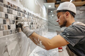 Tiler Installing Mosaic Tiles in Kitchen Backsplash