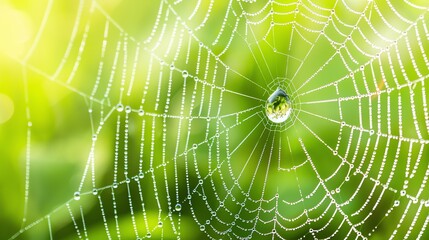 Delicate and detailed close-up of a wet spider web with a large water droplet in the center, reflecting the green surroundings.