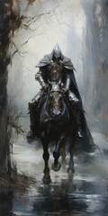 Fototapeta premium A mysterious dark knight clad in armor rides a black horse through a misty eerie forest exuding a sense of foreboding