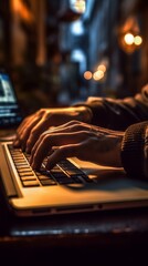 Close-up of hands typing on a laptop keyboard in a dimly lit room capturing a moody and focused atmosphere