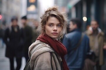 Fototapeta premium Portrait of a beautiful young woman in the city, looking at camera