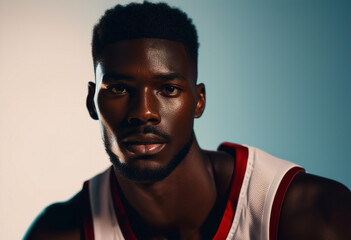 Obraz premium Portrait of a strong and tall black skin color basketball player, isolated white background 