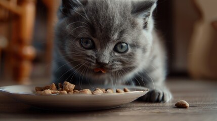 Cute British small kitten munching on its food